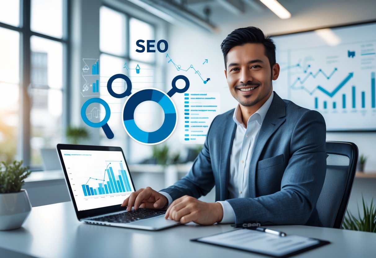 Ein Coach sitzt an einem Schreibtisch mit einem Laptop, umgeben von Symbolen für Suchmaschinenoptimierung und digitalen Diagrammen in einem modernen Büro.