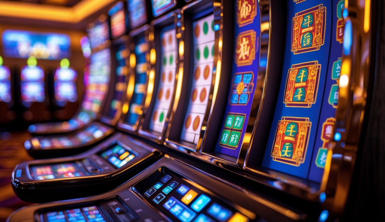 Mesin slot Mahjong sedang berputar dengan ubin Mahjong berwarna-warni dalam suasana kasino yang hangat.