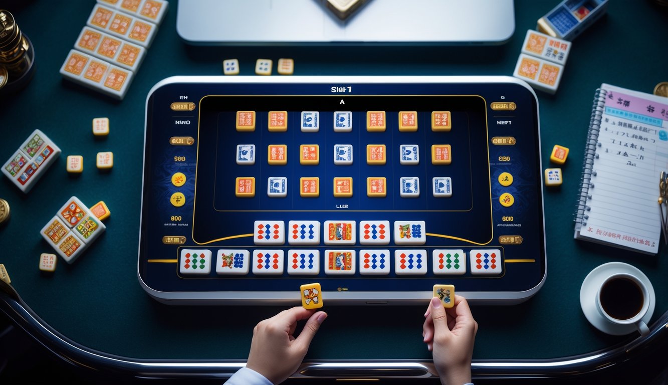Foto dari permainan slot Mahjong dengan layar mesin slot yang menampilkan simbol ubin Mahjong dan tangan pemain memegang ubin di atas meja kasino.