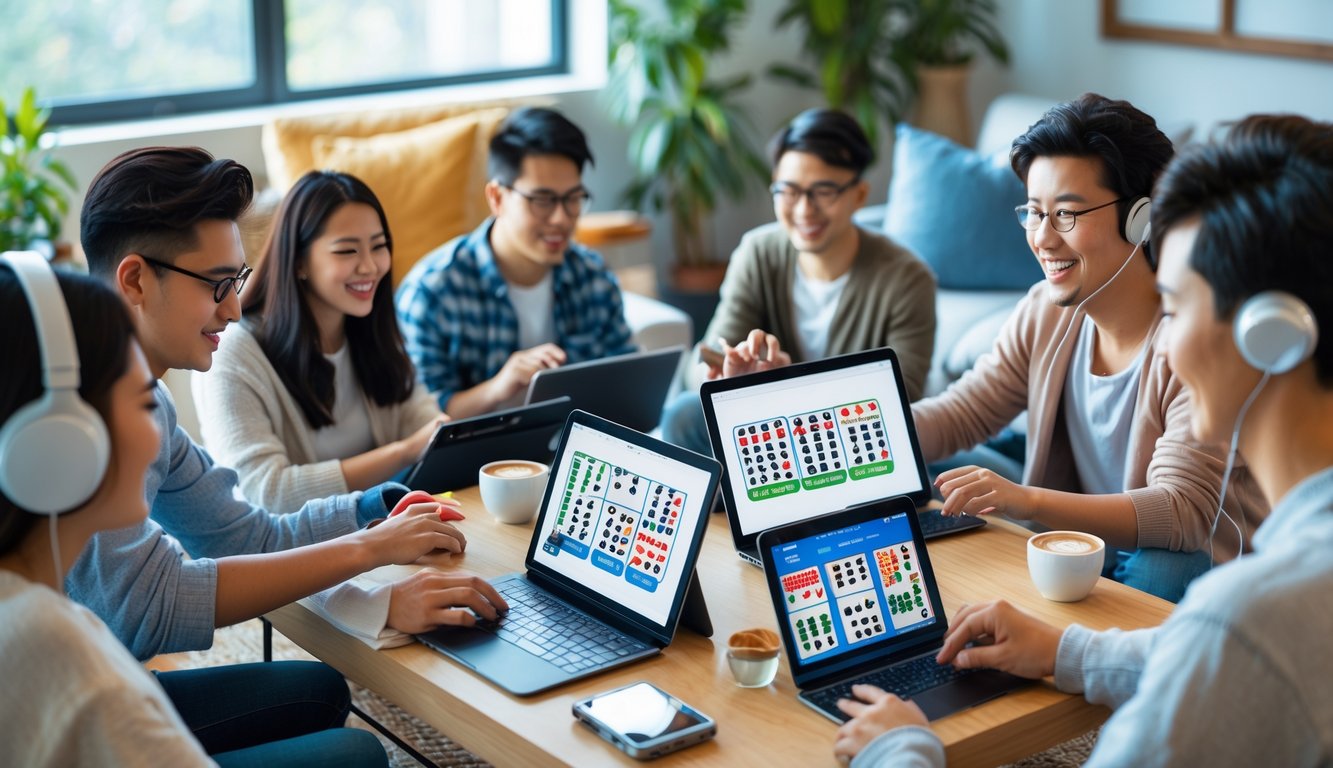 Sekelompok orang muda sedang bermain Mahjong online menggunakan laptop dan tablet di ruang tamu yang nyaman.