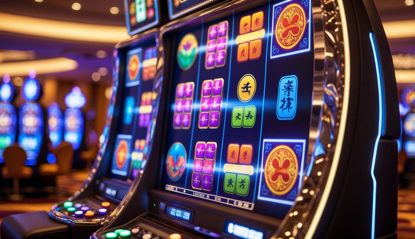 Mesin slot bertema Mahjong dengan simbol ubin warna-warni di kasino yang ramai.