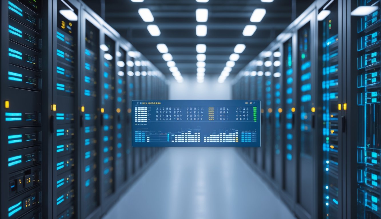 Ruangan server modern dengan rak server yang terang dan antarmuka digital menampilkan statistik permainan Mahjong.