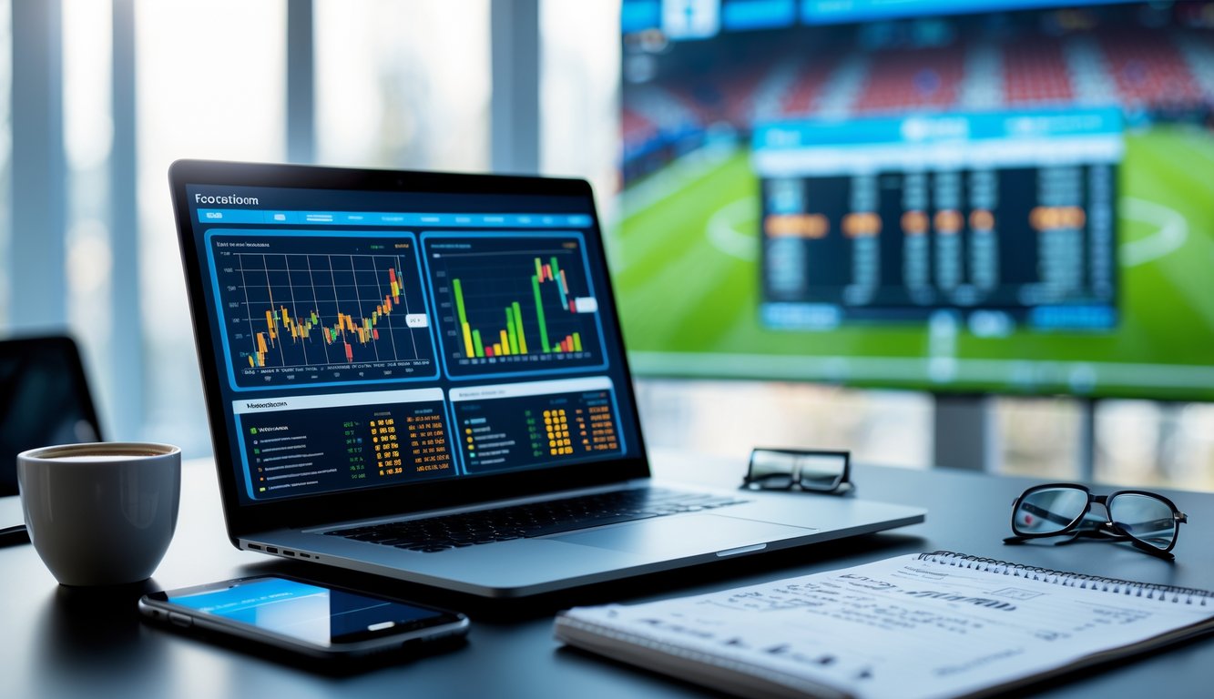 Meja kerja modern dengan laptop, ponsel, dan catatan yang menunjukkan data dan statistik sepak bola.