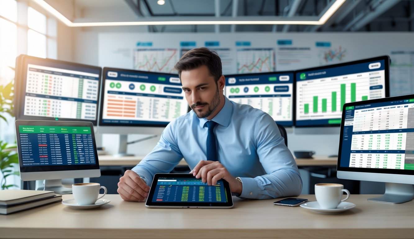 Seorang pria duduk di meja dengan perangkat digital yang menampilkan statistik taruhan olahraga, sedang menganalisis data dengan serius.