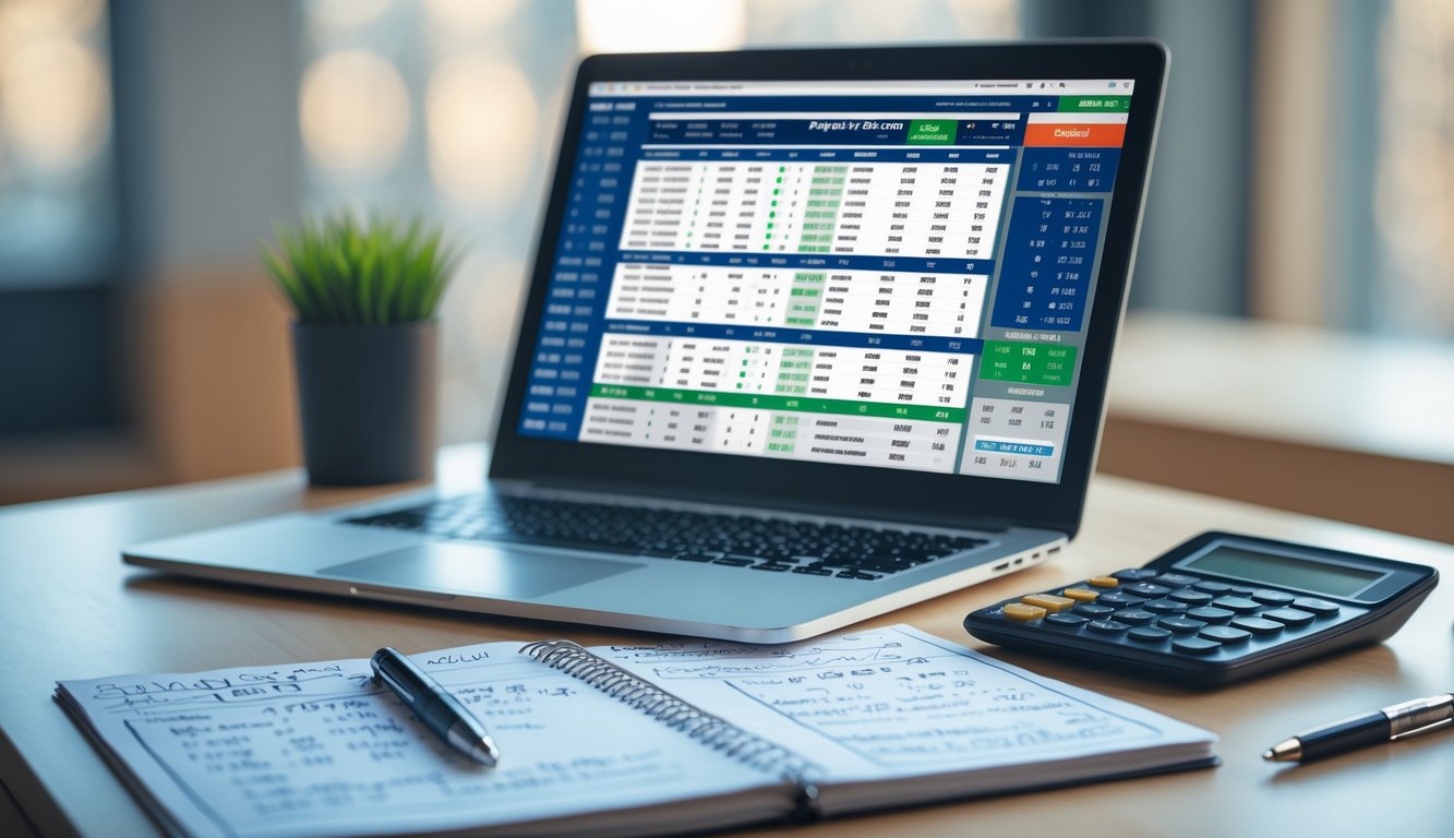 Meja kerja dengan laptop, kalkulator, dan buku catatan berisi rumus taruhan parlay yang akurat.