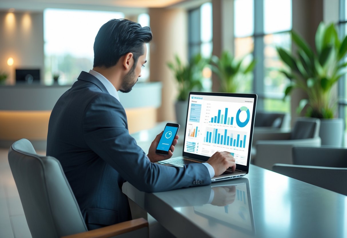 Gesch&auml;ftsperson in einem modernen Hotellobby, die an einem Laptop und Smartphone arbeitet.