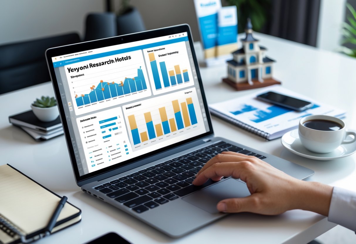 Ein moderner Arbeitsplatz mit Laptop, Notizbuch und Kaffeetasse, der auf Keyword-Recherche f&uuml;r Hotels ausgerichtet ist.