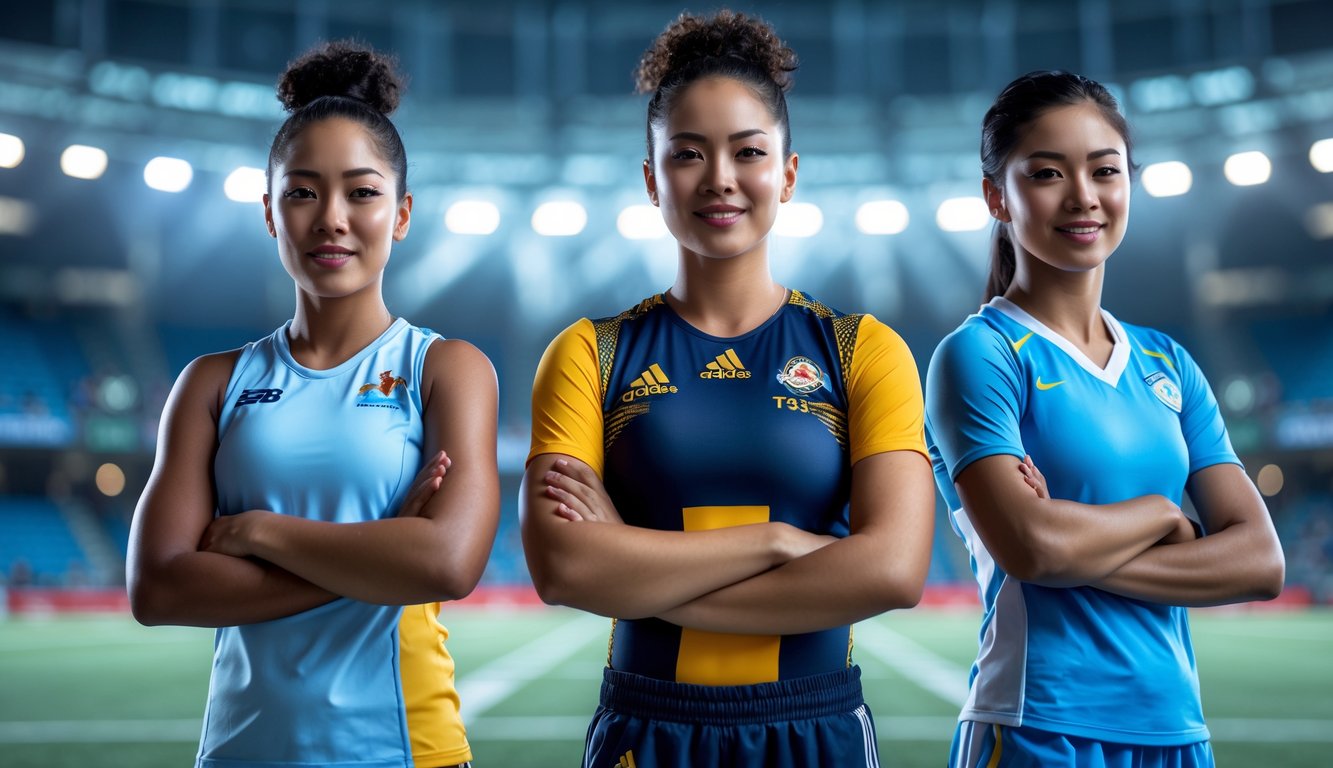 Tiga atlet dari berbagai cabang olahraga berdiri berdampingan di stadion olahraga dengan ekspresi percaya diri.