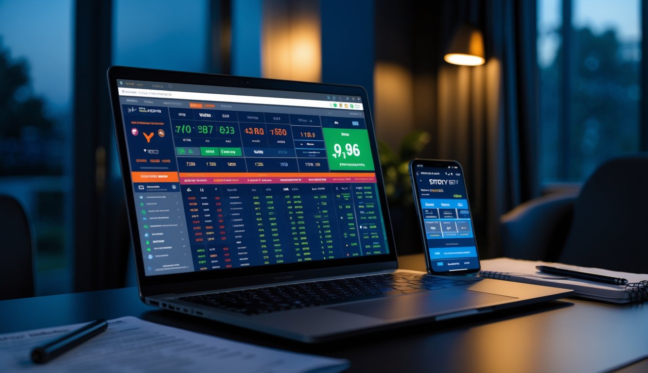 Meja kerja dengan laptop dan ponsel yang menampilkan data taruhan olahraga di ruangan yang remang-remang pada malam hari.