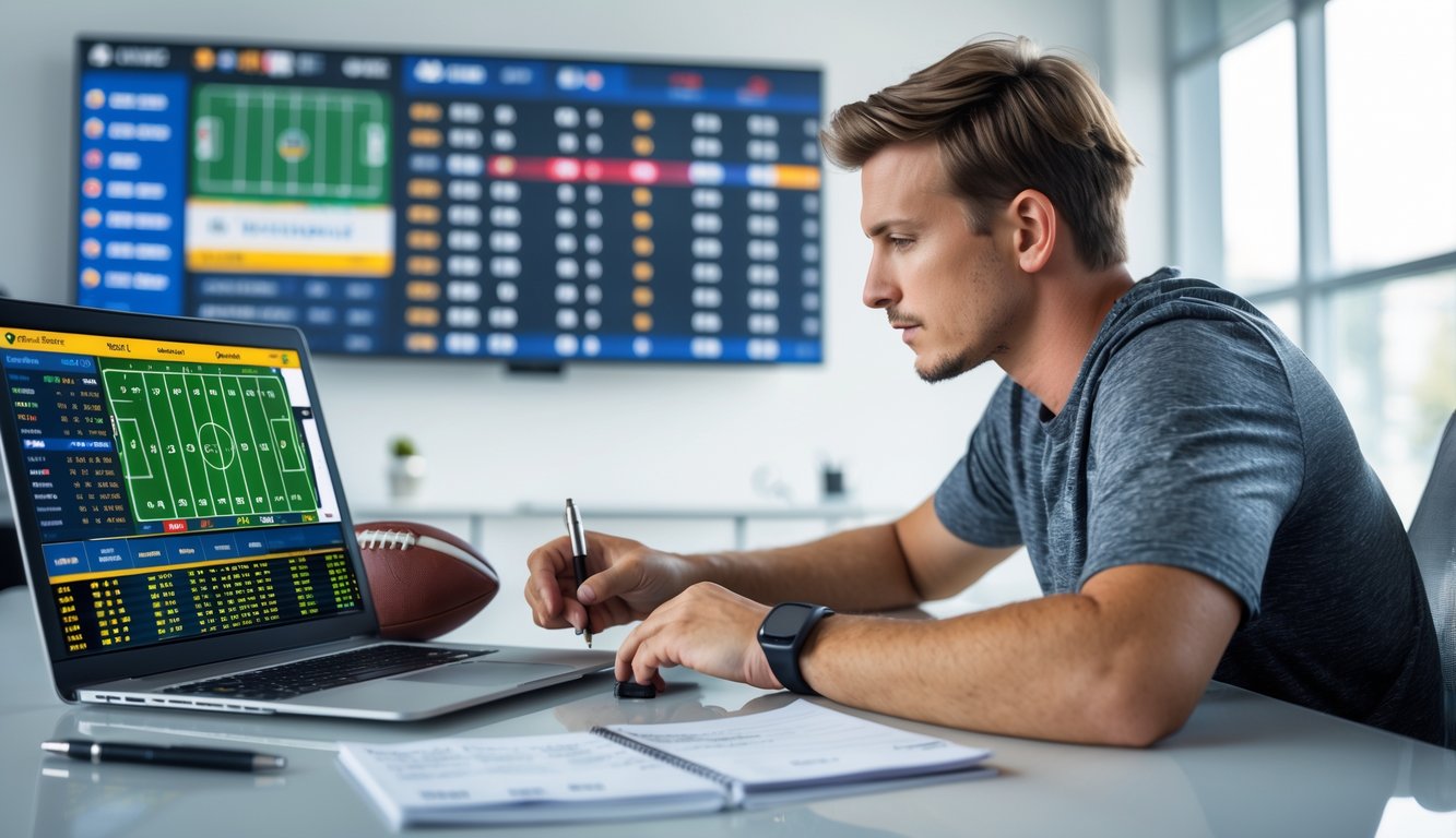 Seseorang sedang menghitung taruhan parlay bola di meja dengan laptop dan catatan, di latar belakang tampak jadwal dan skor pertandingan bola.