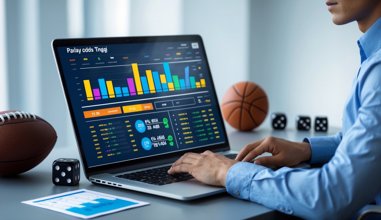 Seorang pria di ruang kerja modern sedang melihat layar laptop yang menampilkan grafik peluang taruhan dengan bola dan dadu di meja.