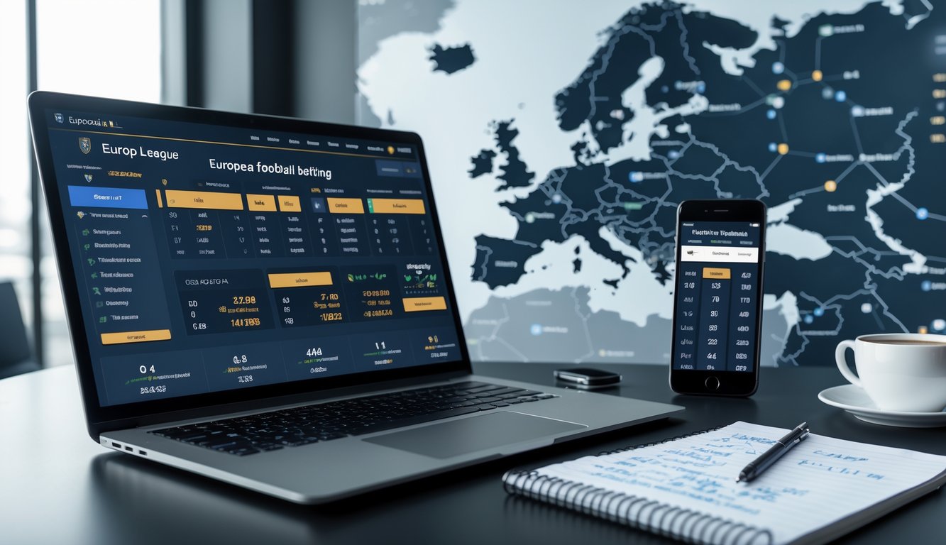 Suasana kantor modern dengan laptop menampilkan statistik pertandingan sepak bola Liga Eropa, ponsel dengan skor langsung, secangkir kopi, dan buku catatan di atas meja.