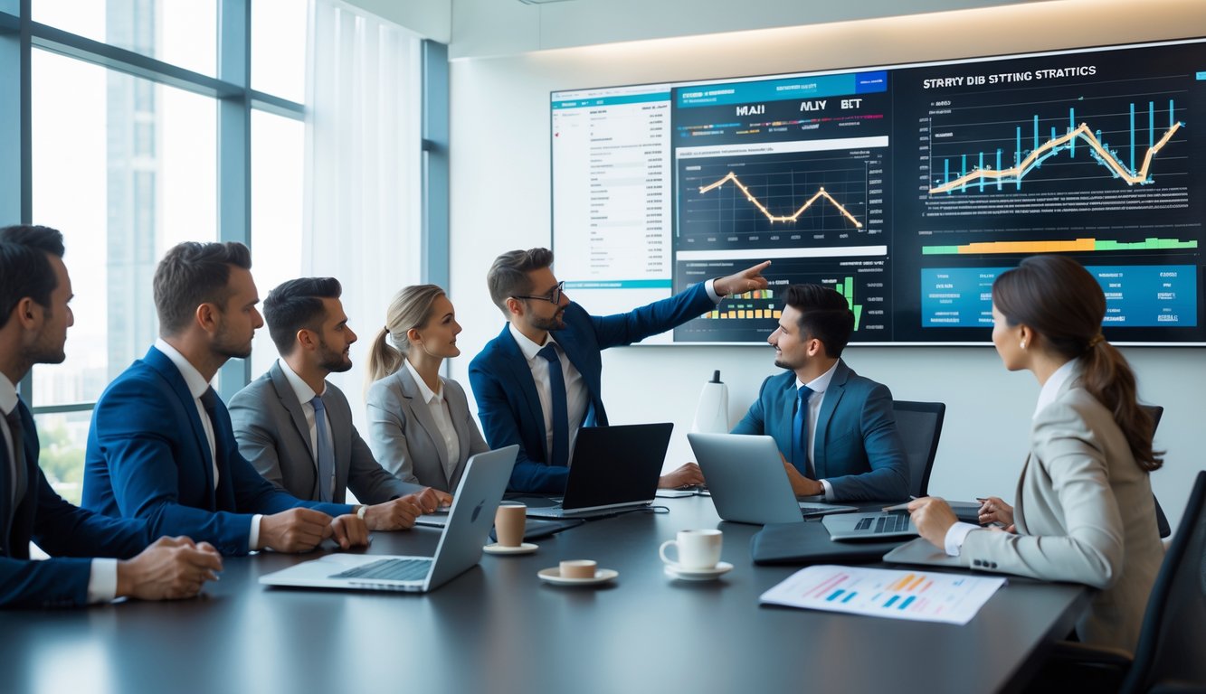 Sekelompok profesional sedang berdiskusi di ruang konferensi dengan layar digital menampilkan grafik dan data taruhan olahraga.