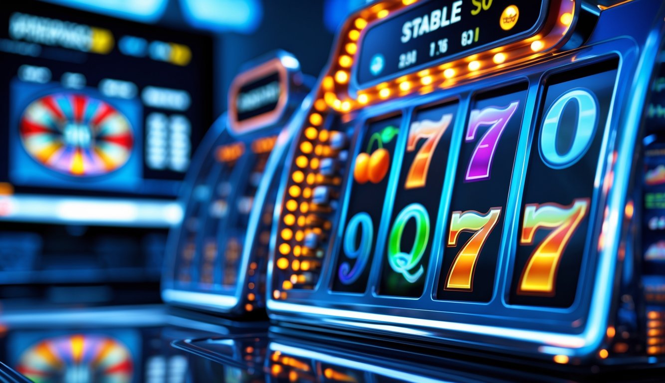 Tampilan layar komputer dengan mesin slot online modern yang sedang berputar dengan lancar.