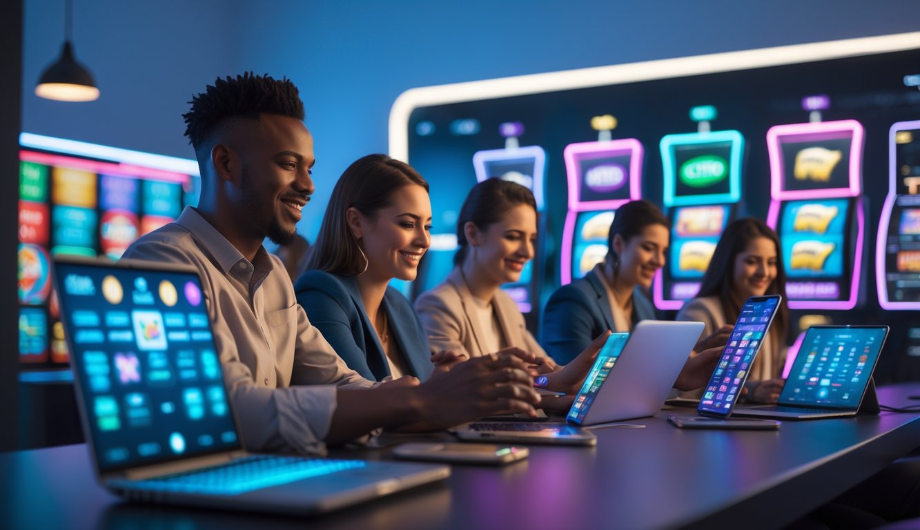 Beberapa orang sedang bermain permainan slot online di perangkat digital di dalam ruangan modern.