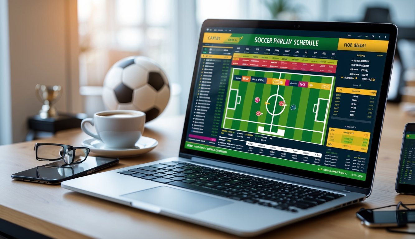 Sebuah meja kerja dengan laptop yang menampilkan jadwal pertandingan sepak bola, smartphone dengan aplikasi taruhan, dan perlengkapan kerja lainnya.