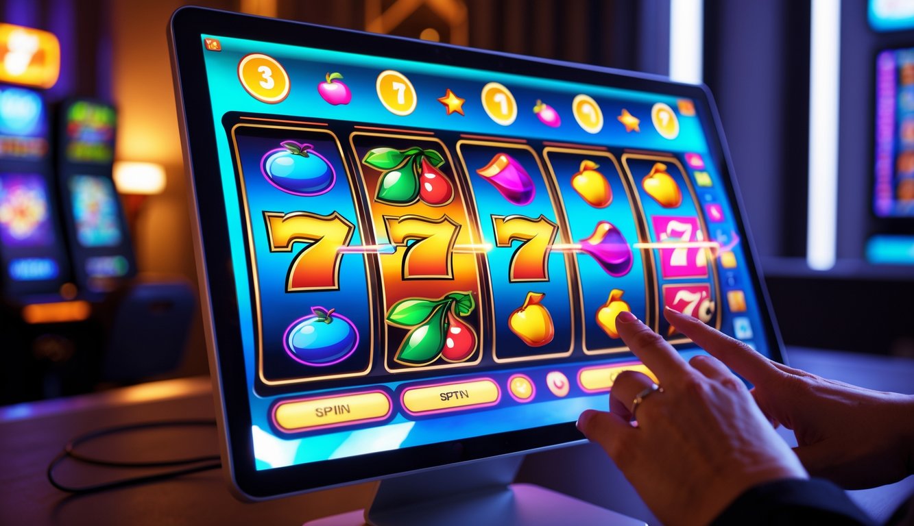 Tampilan mesin slot online interaktif dengan grafik warna-warni di layar komputer, tangan pengguna sedang berinteraksi dengan layar sentuh.
