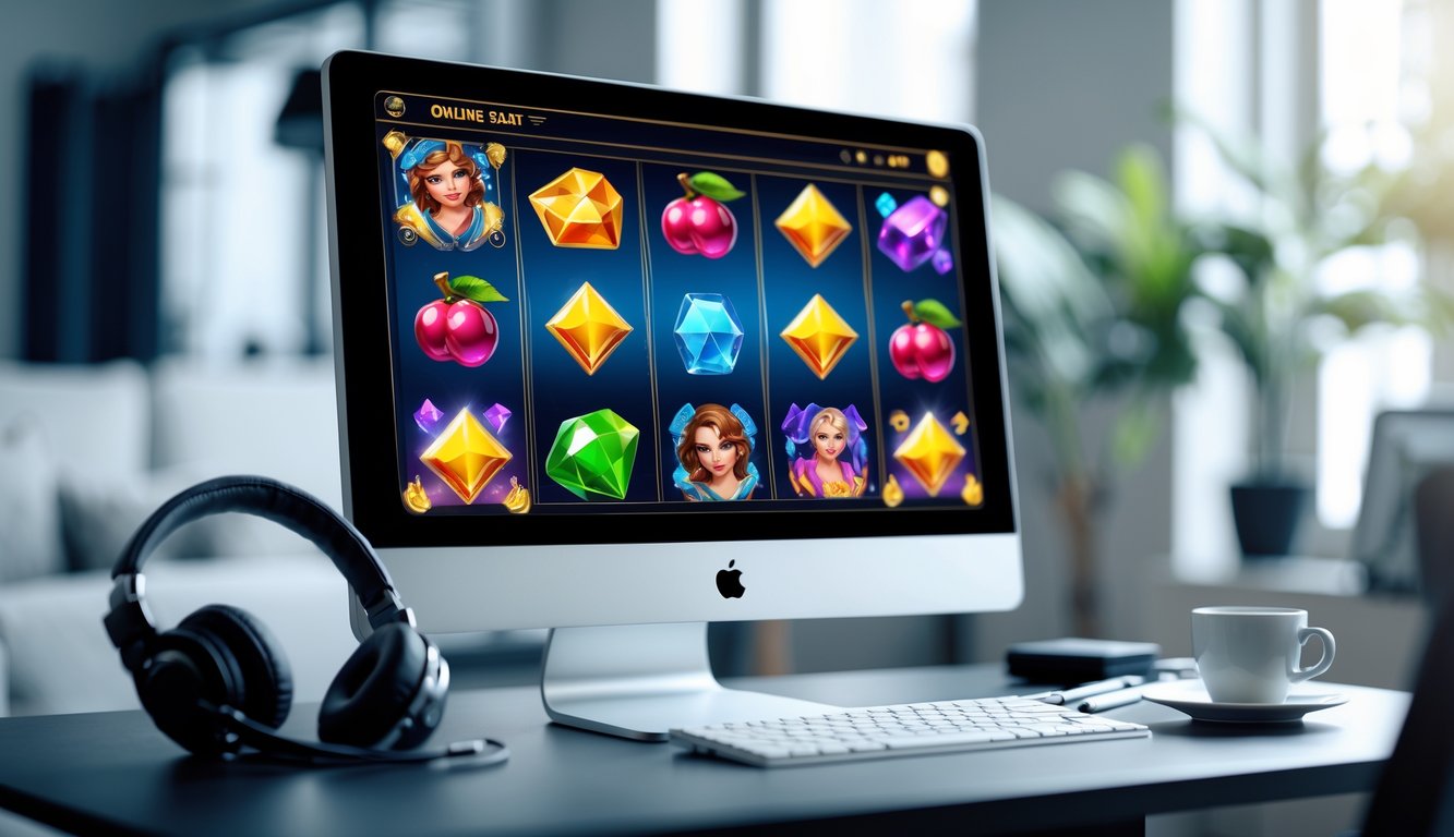 Tampilan layar komputer dengan permainan slot online kreatif di meja kerja yang rapi.