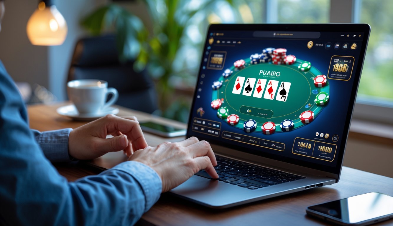 Seorang pemain menggunakan laptop untuk bermain poker online di meja kerja dengan kartu dan chip poker di layar.