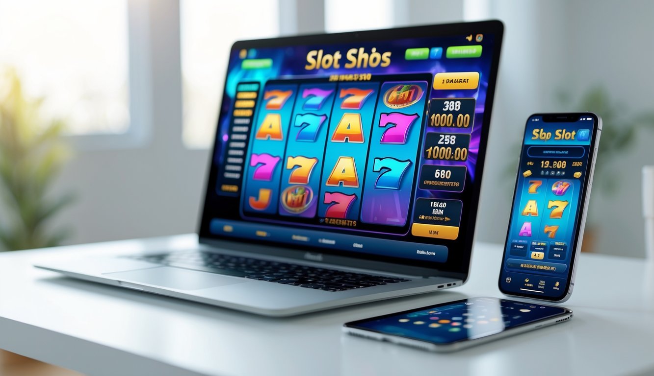 Layar laptop dan ponsel menampilkan antarmuka permainan slot online dengan desain yang mudah digunakan di atas meja minimalis.