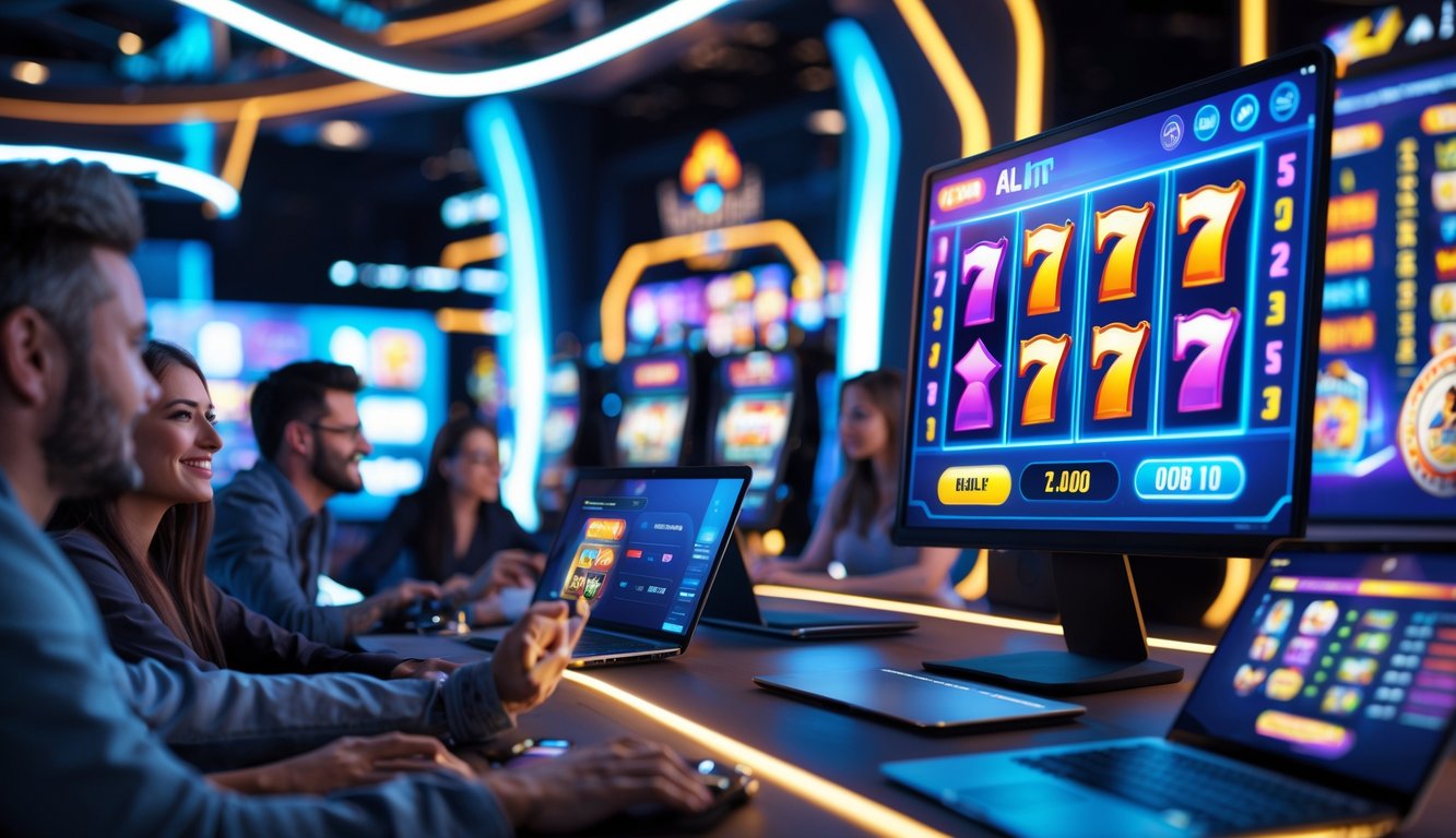 Sejumlah orang bermain permainan slot online secara real-time dengan antarmuka digital yang cerah dan modern.