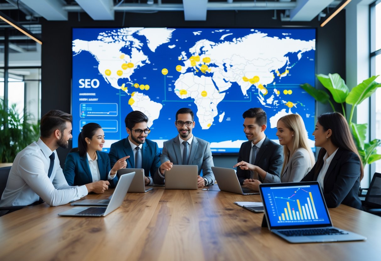 Mehrere Geschäftsleute arbeiten gemeinsam an einem Tisch mit Laptops und digitalen Bildschirmen, die Franchise-Daten und SEO-Analysen zeigen.