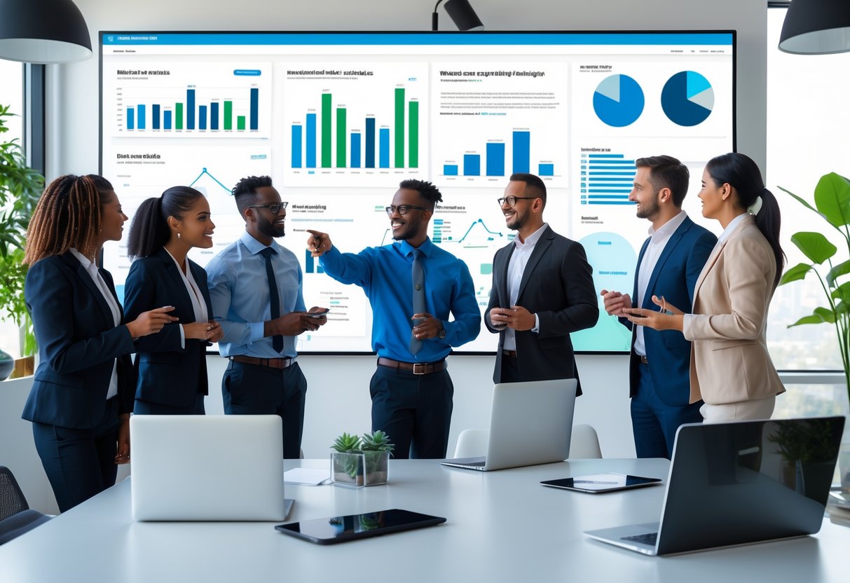 Ein Team von Geschäftsleuten arbeitet gemeinsam in einem modernen Büro an SEO-Analysen auf einem großen Bildschirm.