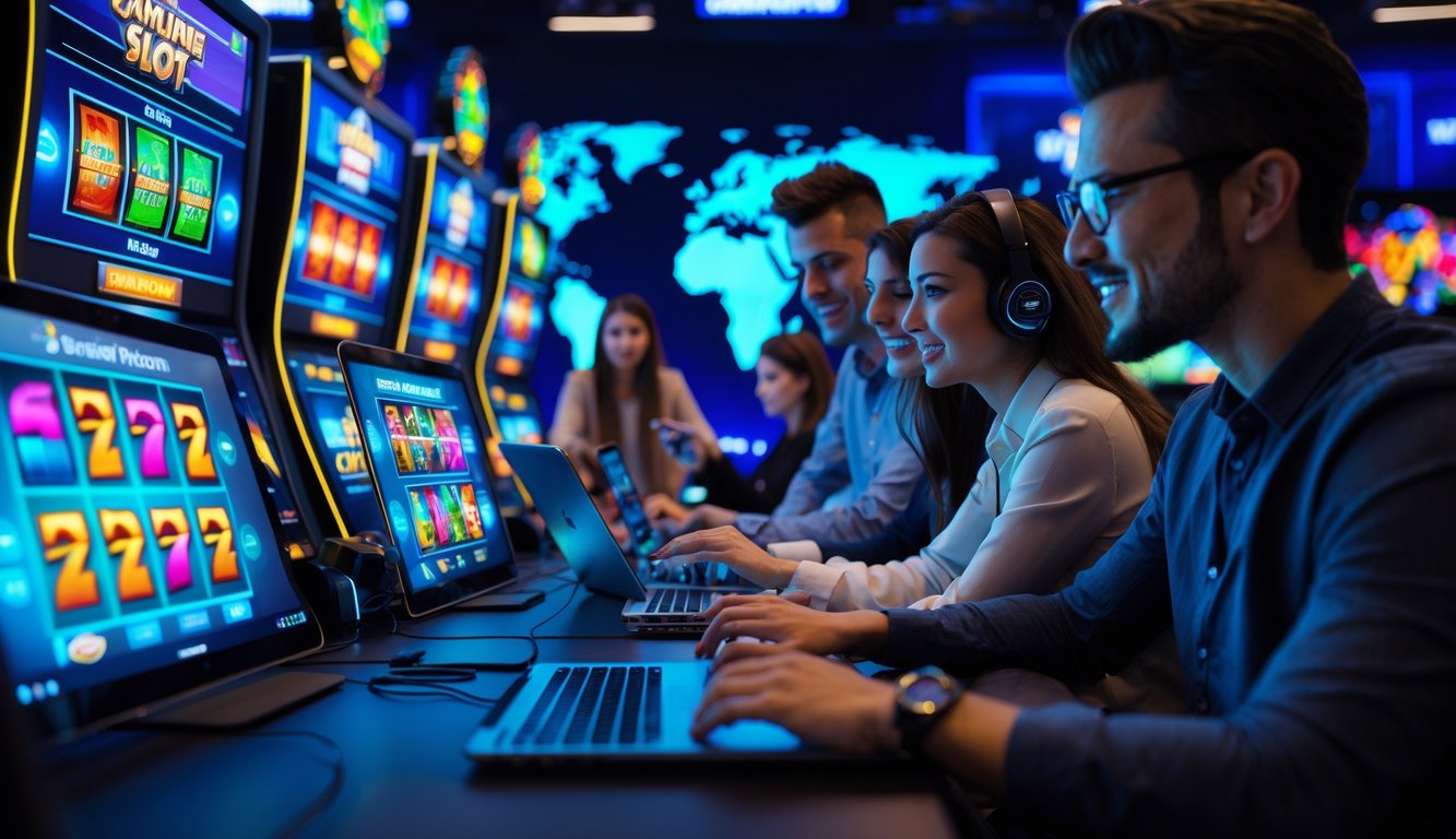 Seorang pemain sedang bermain mesin slot online di depan beberapa layar komputer dengan grafik warna-warni di ruangan modern.