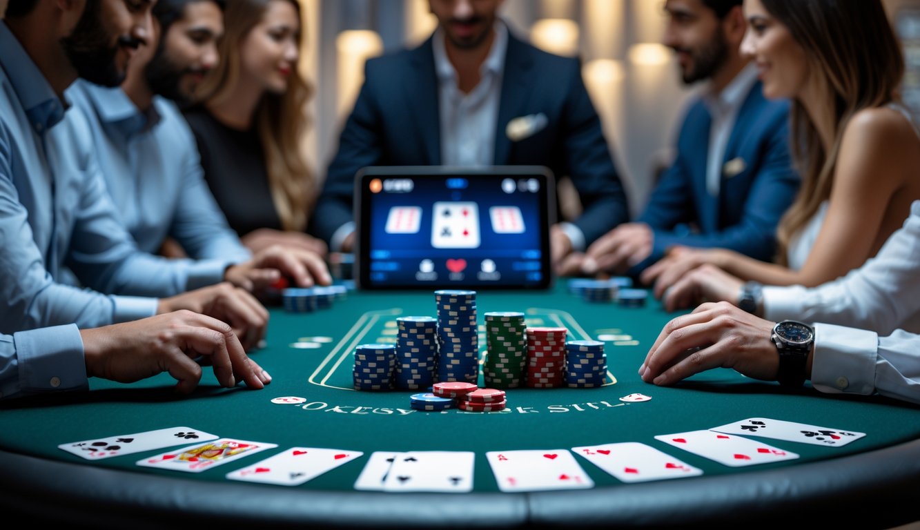 Meja poker dengan chip dan kartu, pemain yang fokus bermain poker online menggunakan perangkat digital.
