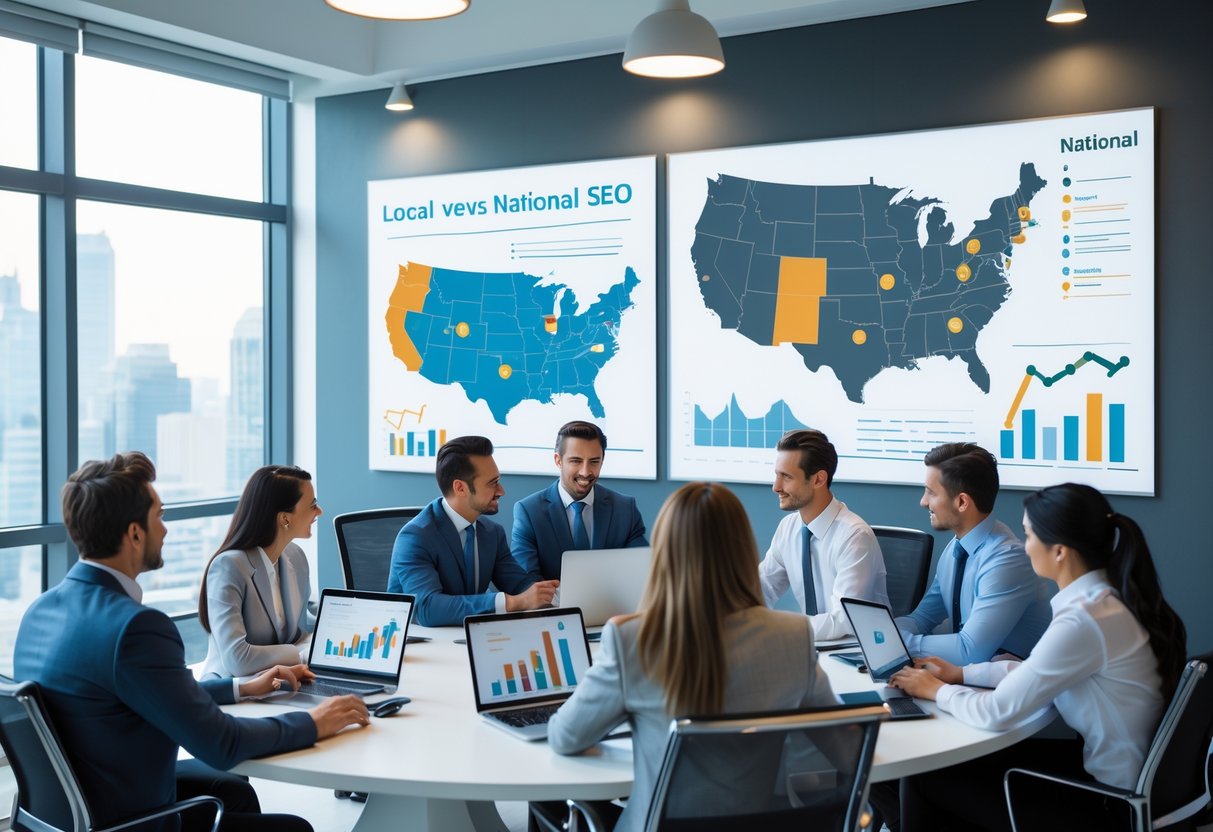 Ein Team von Geschäftsleuten in einem Büro, das an einer Strategie mit Karten und Diagrammen arbeitet.