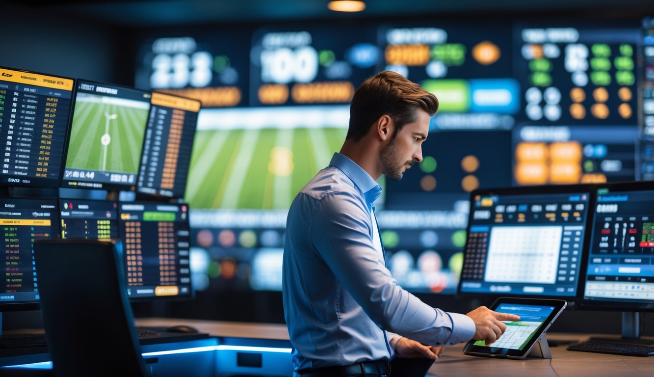 Seorang individu menggunakan perangkat layar sentuh di ruang kerja modern dengan beberapa monitor menampilkan skor olahraga secara real-time.