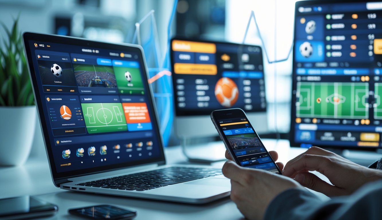 Seseorang menggunakan laptop dan ponsel untuk mengakses pertandingan olahraga secara online di ruang kerja modern dengan beberapa layar digital menampilkan pertandingan olahraga secara langsung.