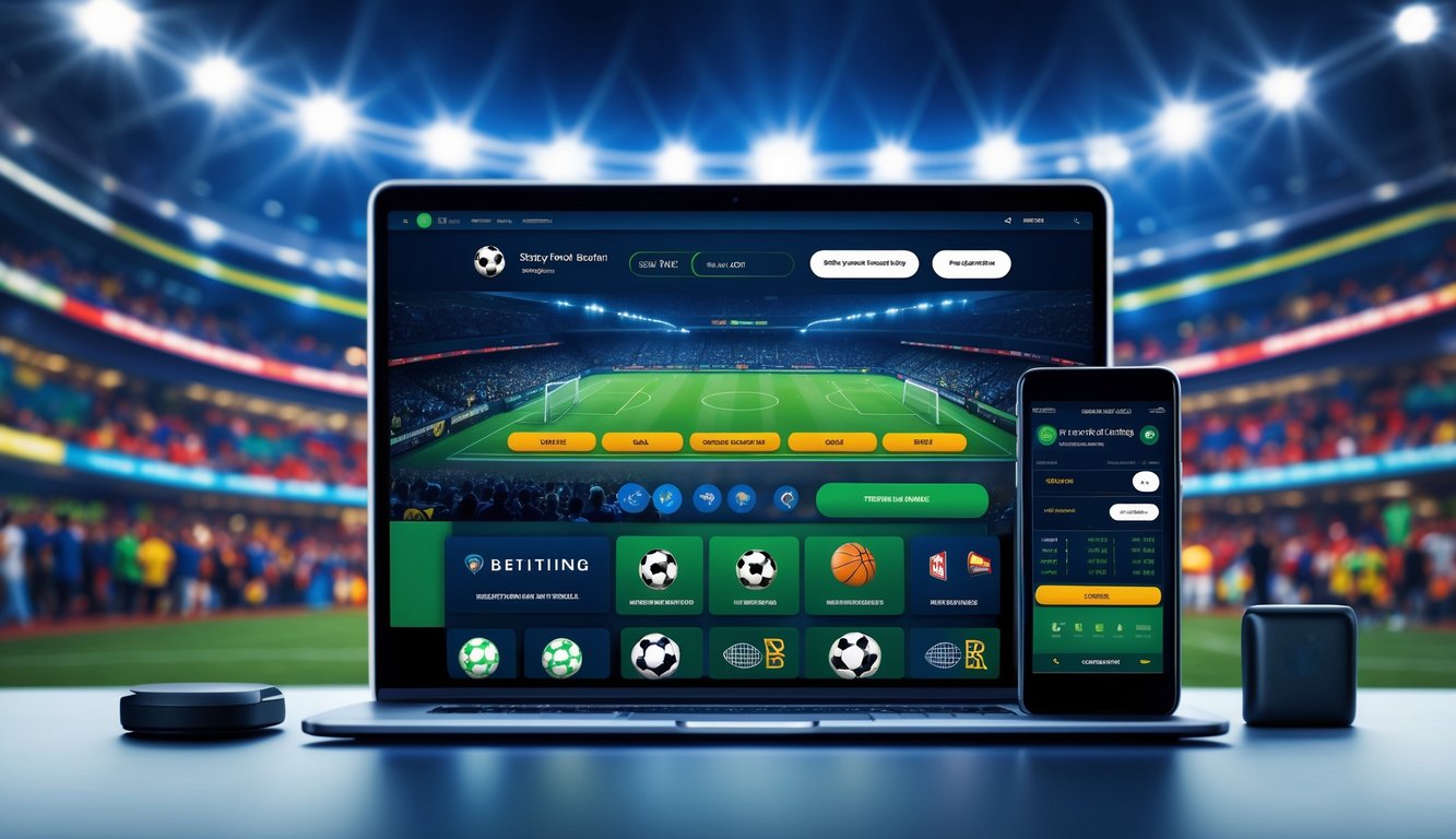 Suasana arena taruhan olahraga online dengan perangkat digital menampilkan berbagai pasar olahraga populer dan latar belakang stadion olahraga yang ramai.