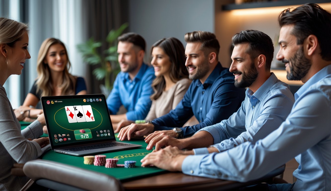 Beberapa orang bermain poker online di depan laptop di ruang kerja yang modern dan rapi.