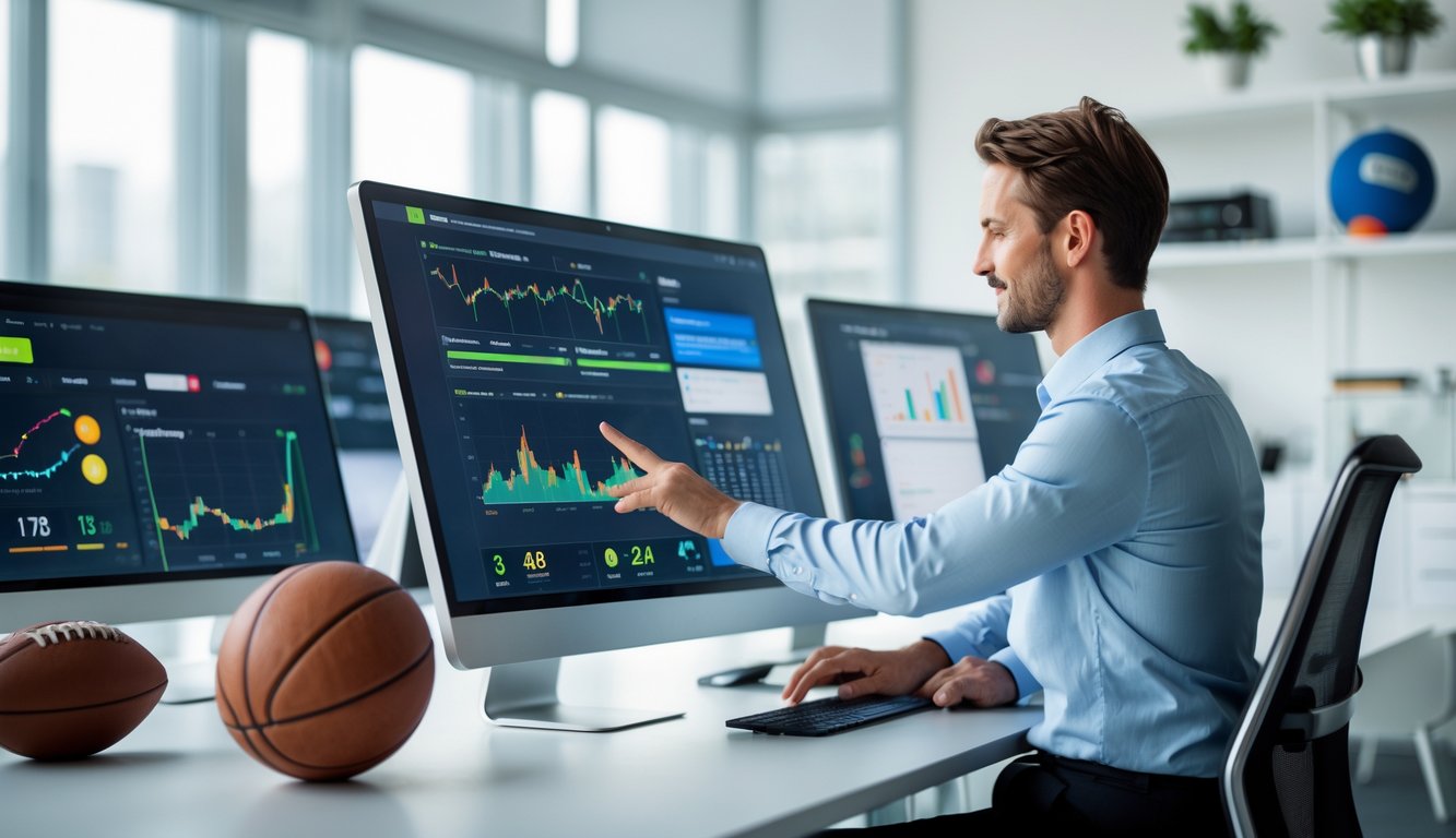 Seorang profesional sedang menganalisis statistik pertandingan olahraga di ruang kerja modern dengan beberapa layar komputer yang menampilkan data pertandingan.