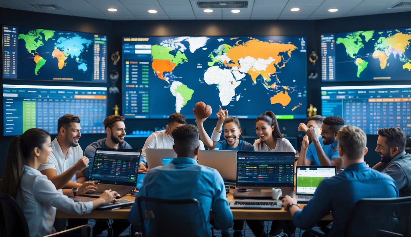 Orang-orang menggunakan perangkat digital untuk mengikuti pertandingan sepak bola internasional dan memasang taruhan secara online dalam ruangan modern.