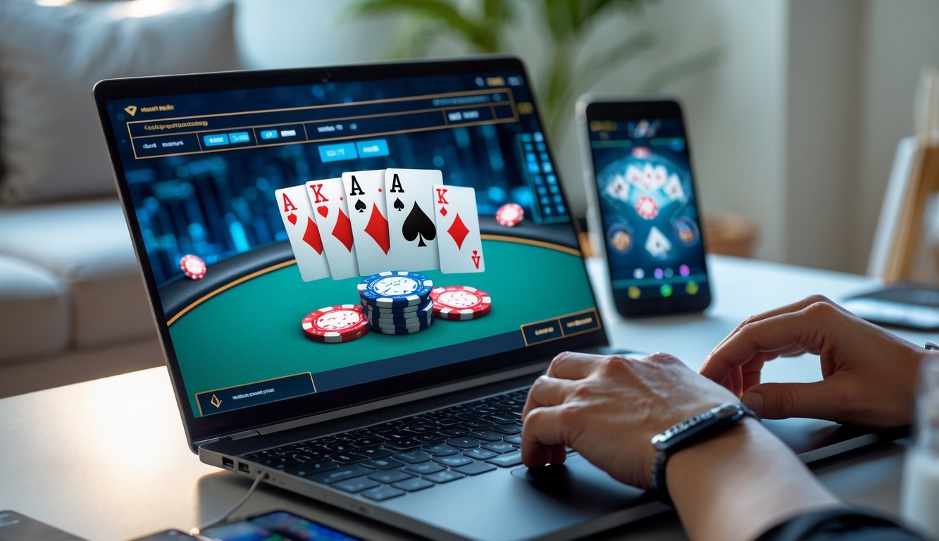 Seseorang bermain poker online menggunakan komputer di ruang tamu yang nyaman.