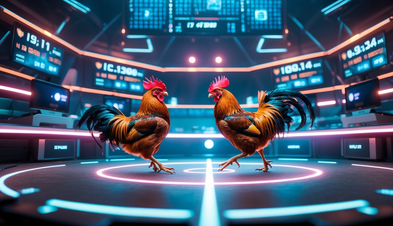 Dua ayam jago bertarung di arena digital dengan layar menampilkan informasi pertandingan secara real-time.