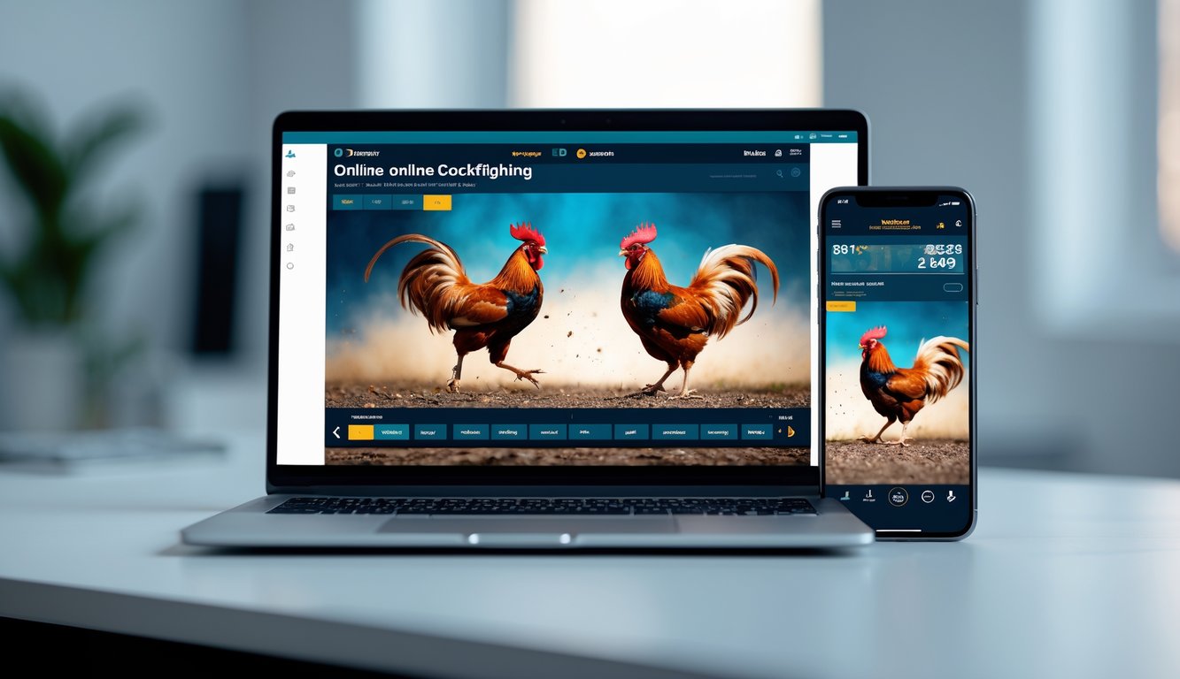 Tampilan laptop dan ponsel yang menampilkan pertandingan sabung ayam secara langsung dengan kualitas video yang stabil.