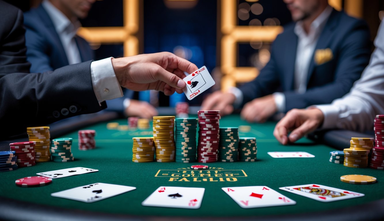 Meja poker dengan chip dan kartu di kasino dengan pemain di latar belakang.