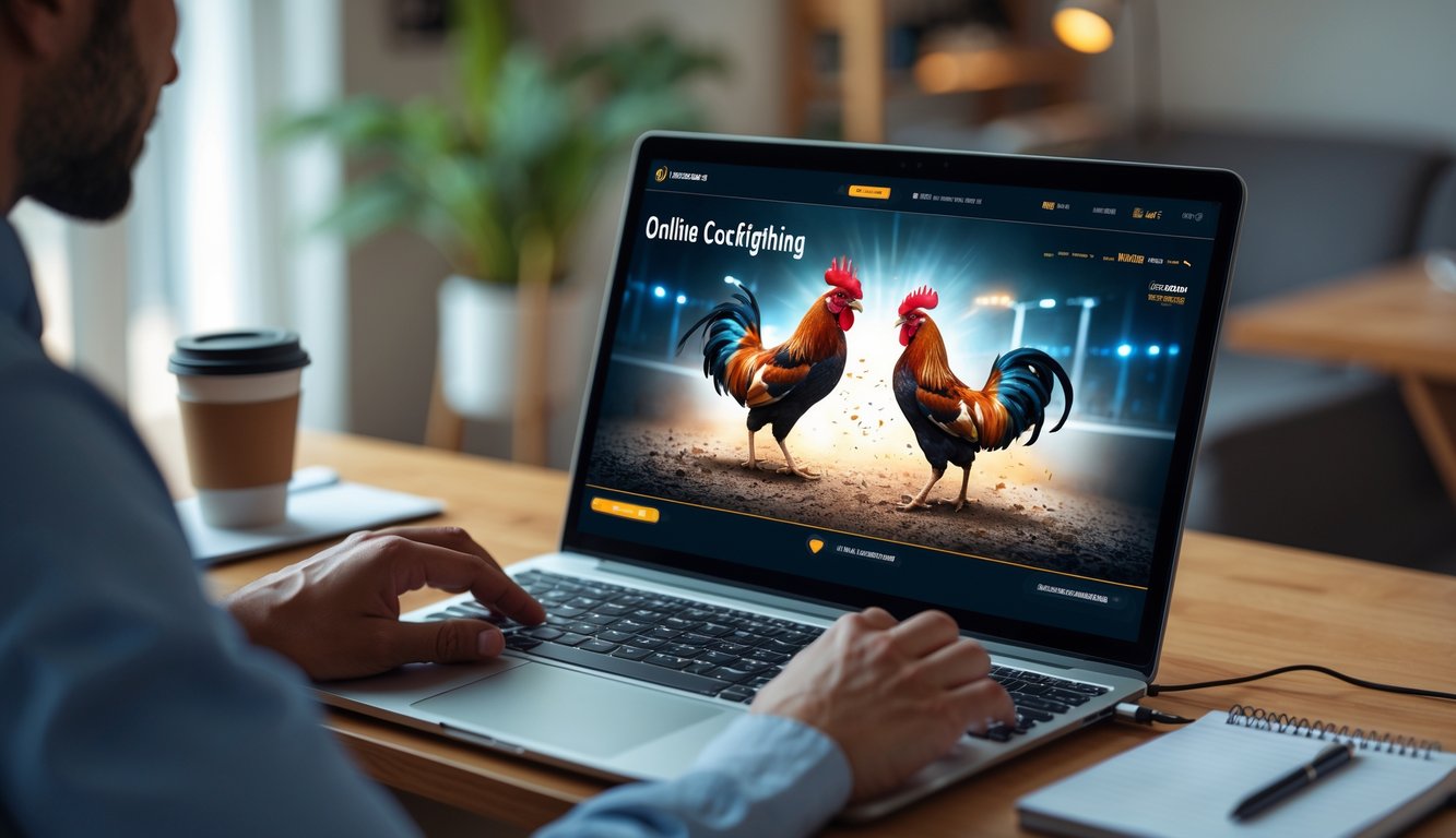 Seseorang menggunakan laptop atau ponsel untuk mengakses pertandingan sabung ayam secara online di ruangan yang nyaman.