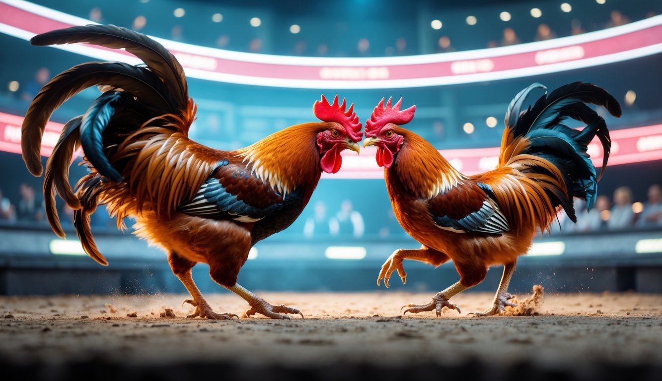 Dua ayam jago sedang bertarung sengit di arena sabung ayam online dengan latar belakang antarmuka digital dan penonton virtual.