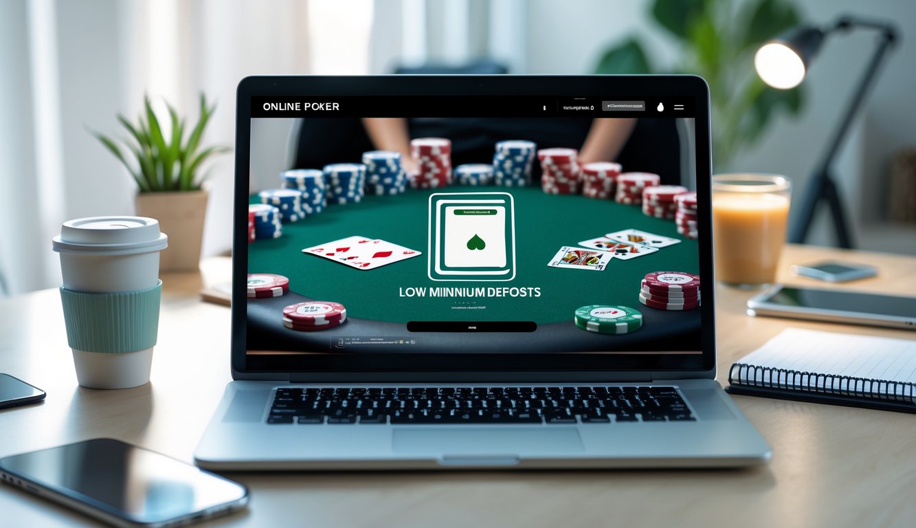 Seorang pria menggunakan laptop dengan tampilan permainan poker online dan chip poker di meja kerja yang rapi.