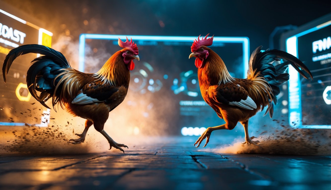 Dua ayam jago sedang bertarung dengan latar belakang antarmuka digital modern yang menunjukkan suasana laga sabung ayam online.