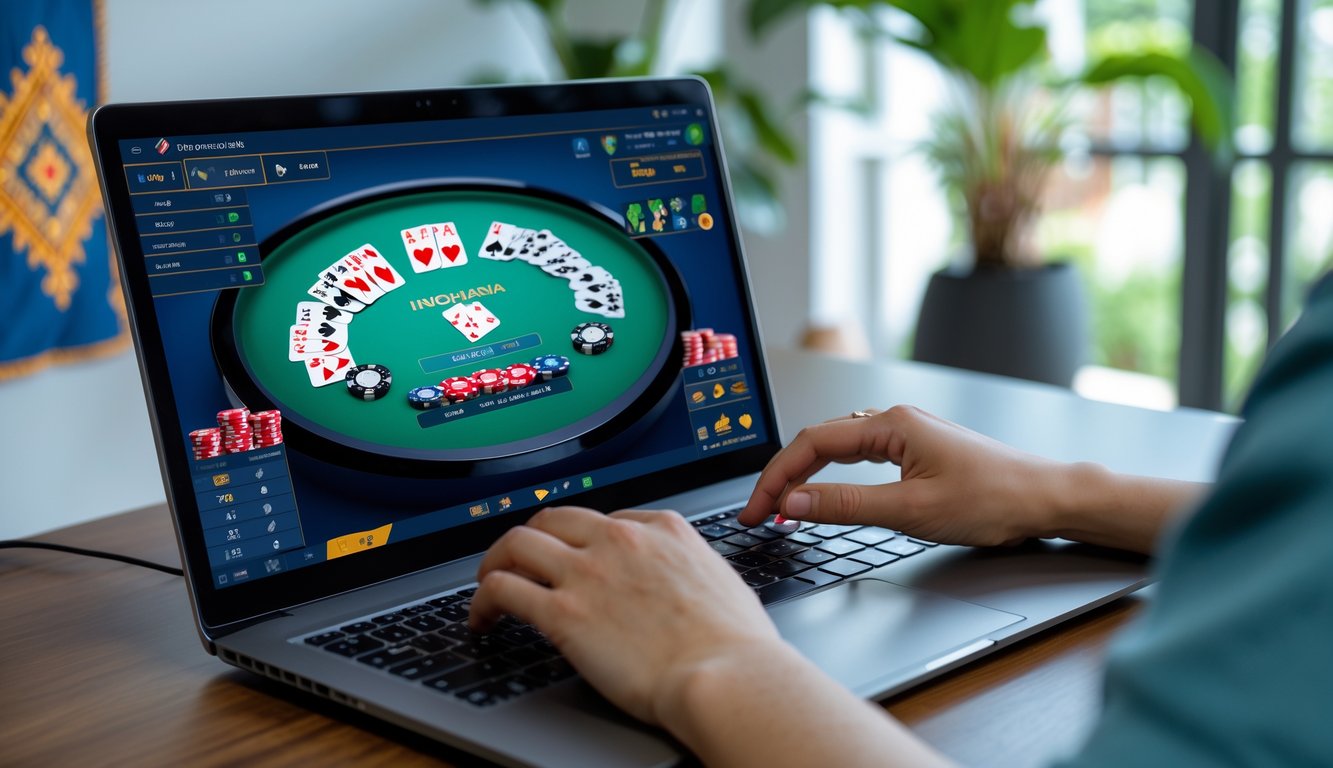 Seseorang sedang bermain poker online menggunakan laptop di ruangan modern dengan dekorasi batik kecil di latar belakang.