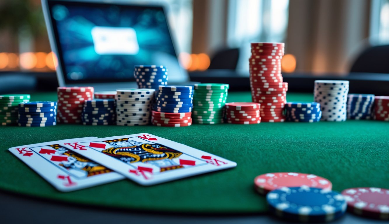 Meja poker dengan chip dan kartu bermain, serta laptop di latar belakang.