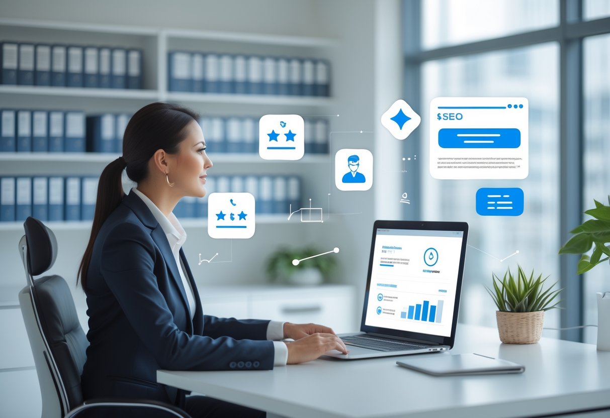 Ein Anwalt sitzt an einem modernen Schreibtisch und arbeitet an einem Laptop, umgeben von Symbolen f&uuml;r Bewertungen, Zertifizierungen und Kontaktdaten in einem hellen B&uuml;ro.