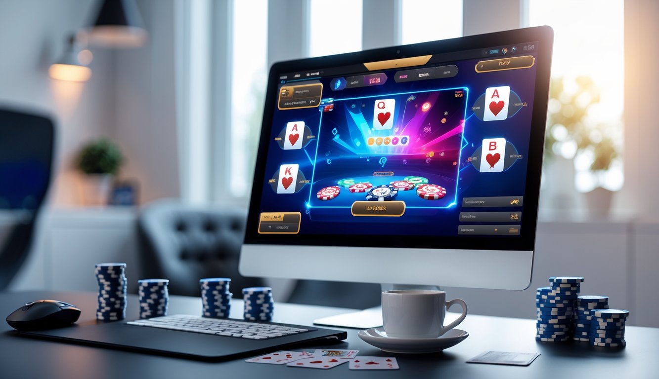 Seorang pemain duduk di depan komputer dengan tampilan permainan poker online dan tumpukan chip di meja.