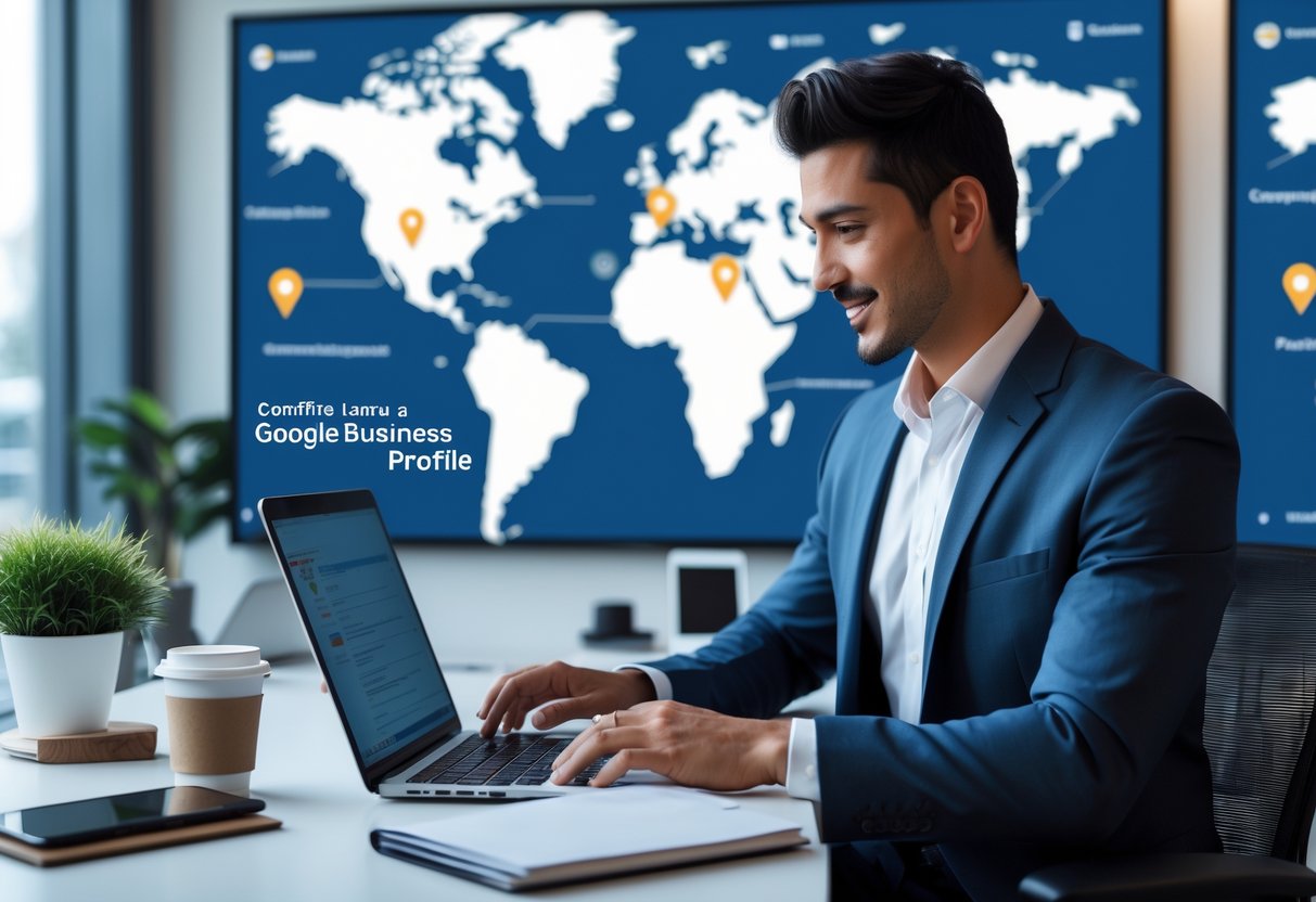 Ein Gesch&auml;ftsmann arbeitet an einem Laptop in einem modernen B&uuml;ro mit einer Weltkarte und Standortmarkierungen im Hintergrund.