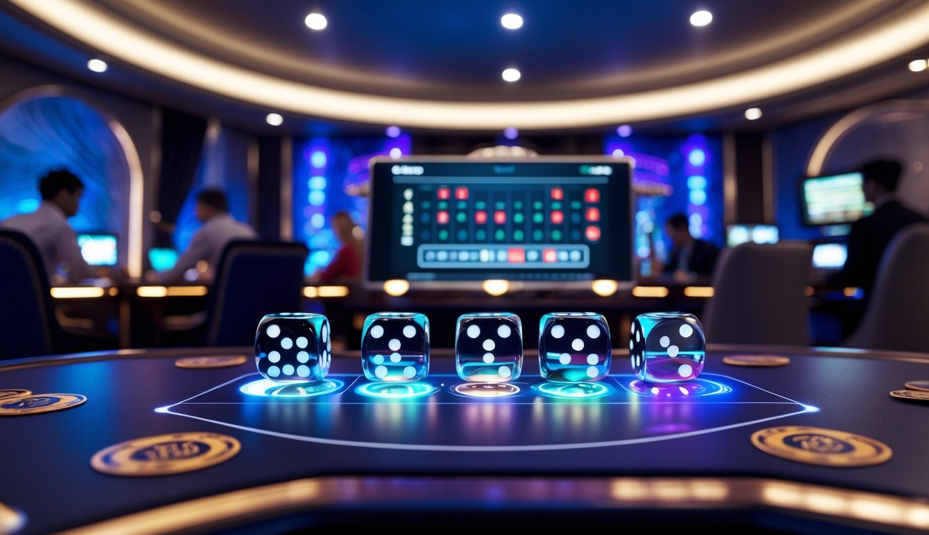 Meja permainan Sic Bo online dengan dadu bergerak dan pemain menggunakan laptop dan ponsel di ruangan yang nyaman.